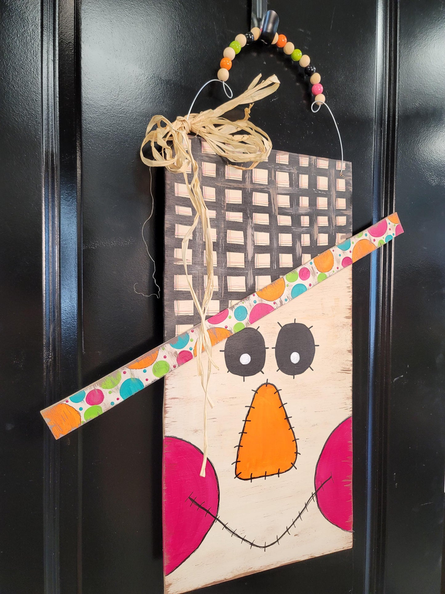 Hand-Painted Scarecrow Face Door Hanger: Fall Decor with Raffia