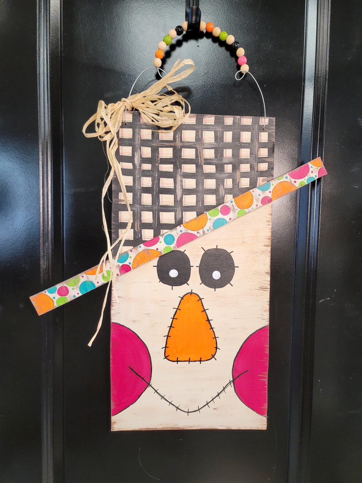 Hand-Painted Scarecrow Face Door Hanger: Fall Decor with Raffia
