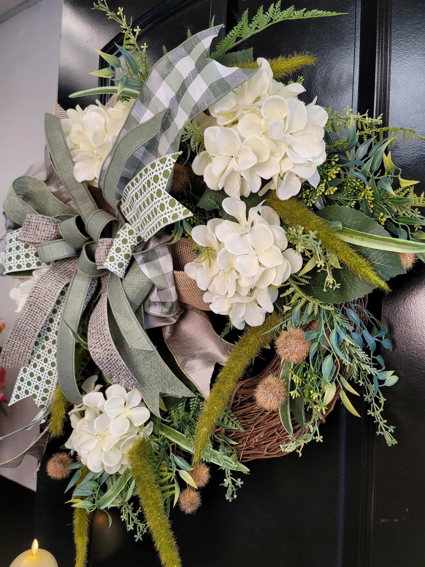 Farmhouse Hydrangea Wreath with Burlap & Gingham Bow – Neutral Green Cream Grapevine Door Décor