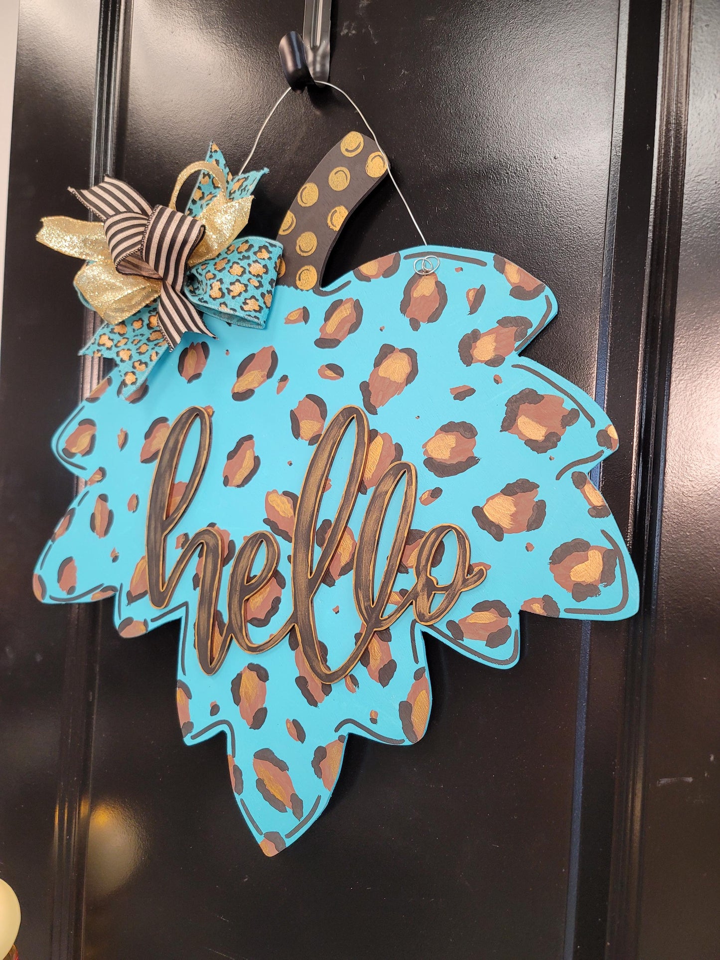 Turquoise Leopard Print Hello Door Hanger – Hand Painted Leaf Wall Decor with Bow