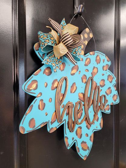 Turquoise Leopard Print Hello Door Hanger – Hand Painted Leaf Wall Decor with Bow