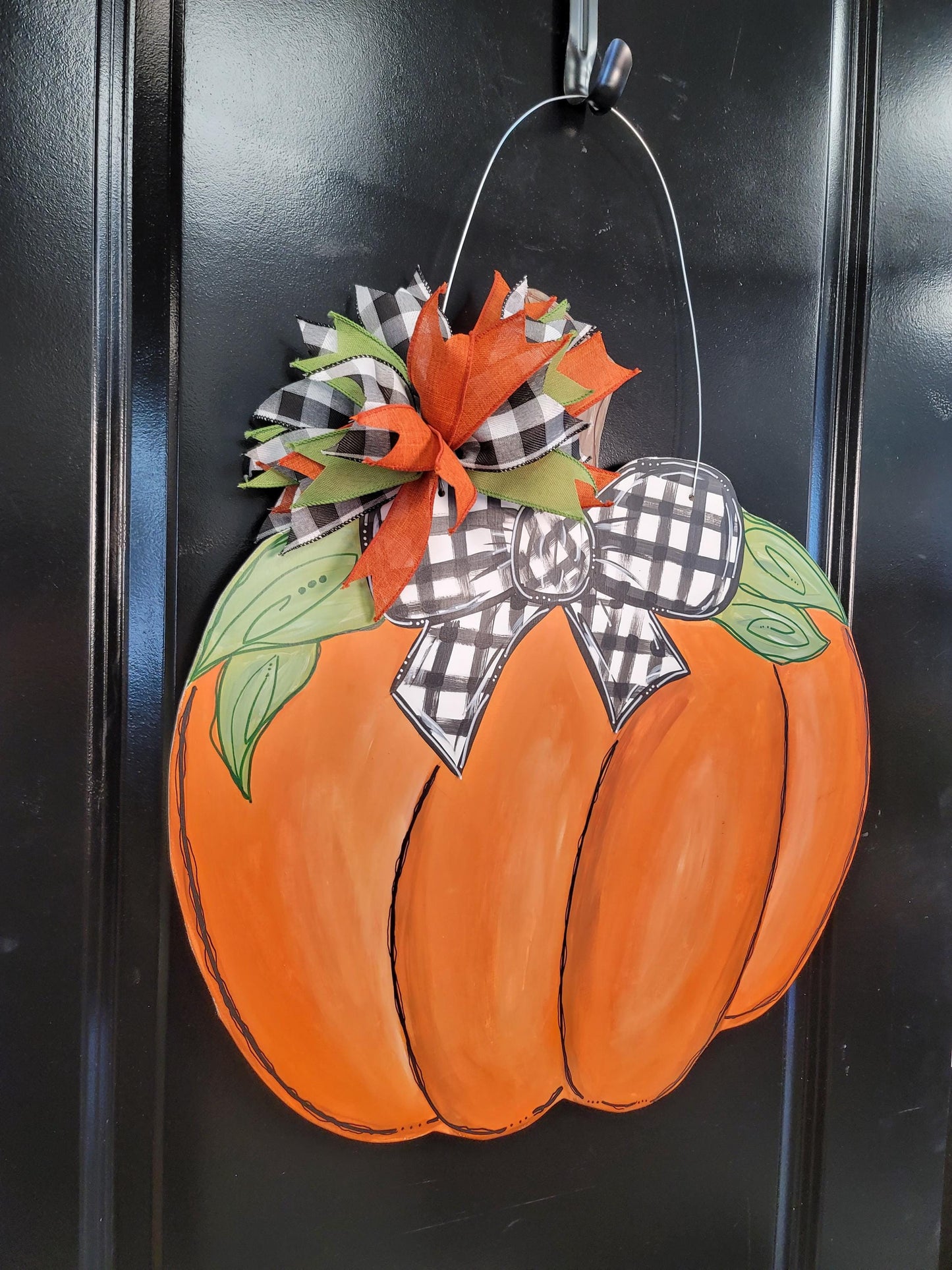 Pumpkin Door Hanger with Buffalo Check Bow – Fall Farmhouse Front Door Sign