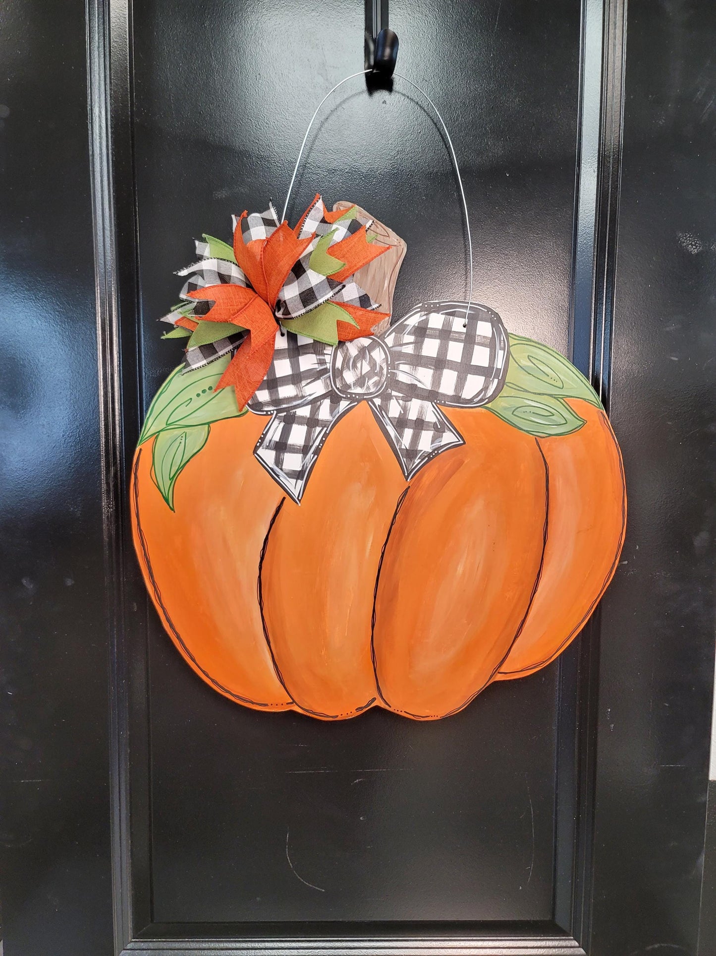Pumpkin Door Hanger with Buffalo Check Bow – Fall Farmhouse Front Door Sign