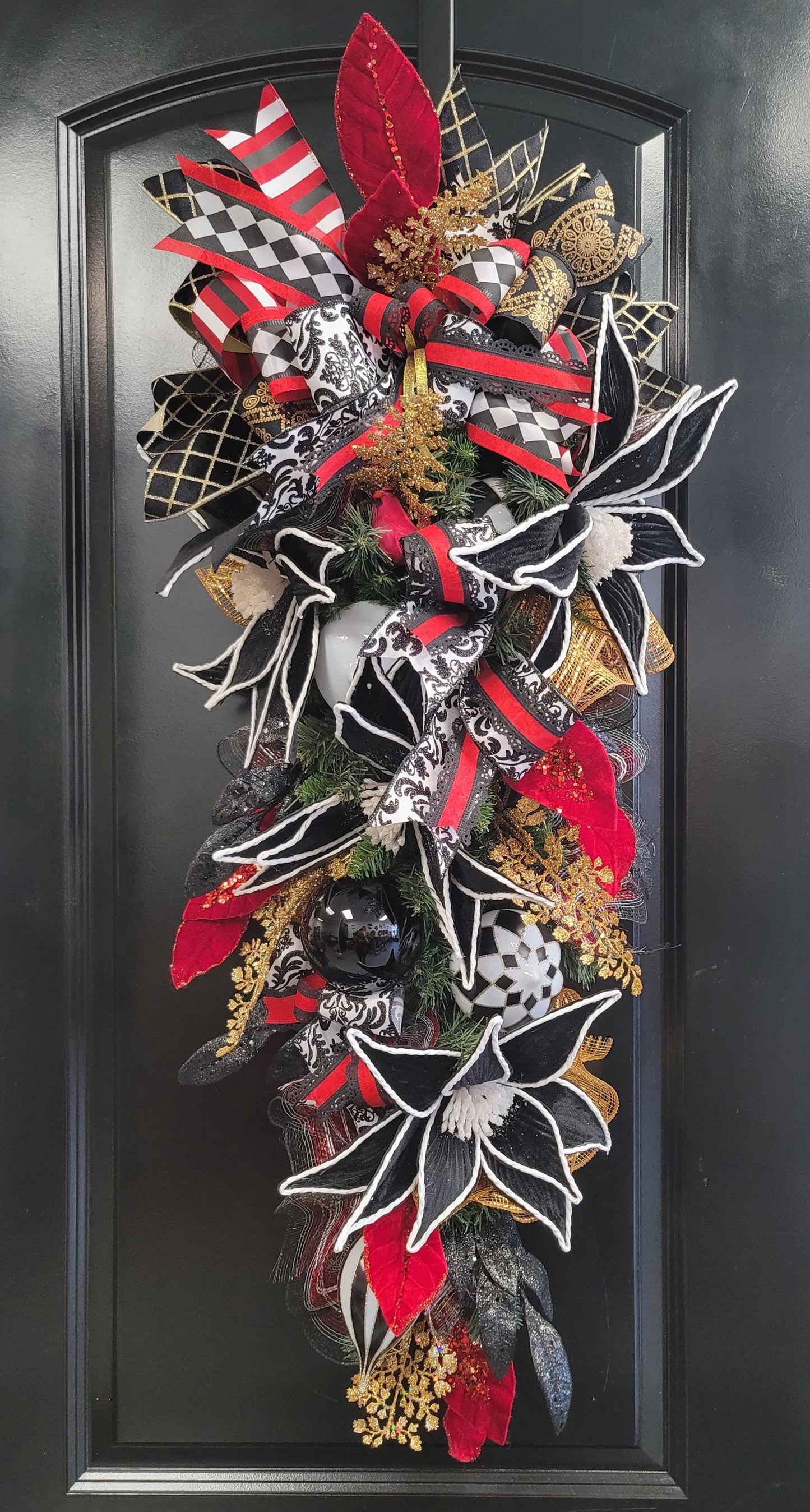 Elegant Christmas Swag – Black, Red & Gold Holiday Door Decor with Velvet Poinsettias
