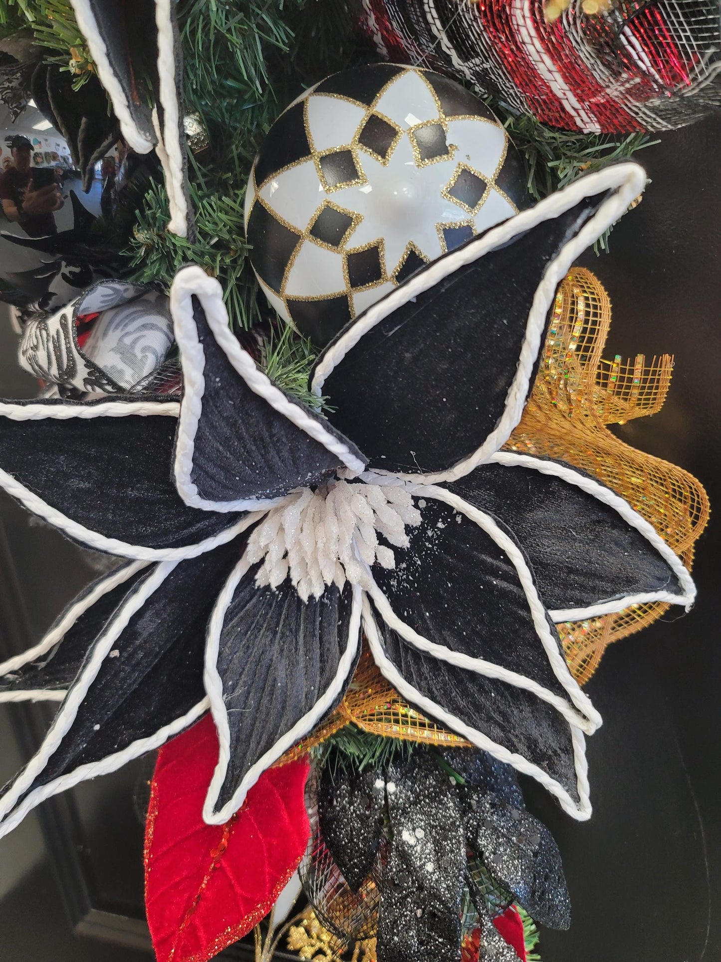 Elegant Christmas Swag – Black, Red & Gold Holiday Door Decor with Velvet Poinsettias