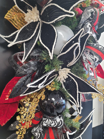 Elegant Christmas Swag – Black, Red & Gold Holiday Door Decor with Velvet Poinsettias