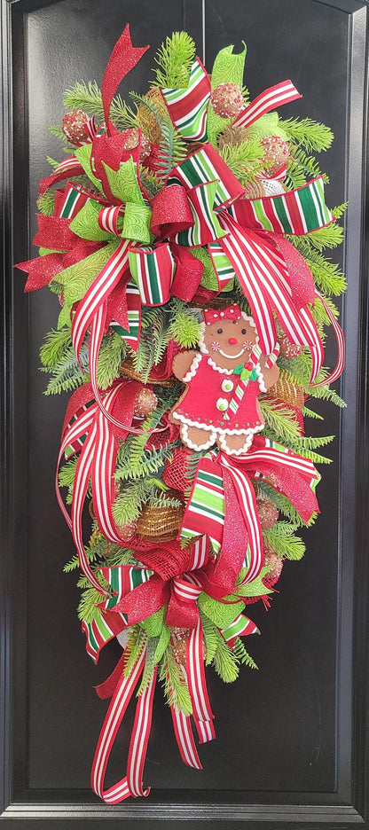Whimsical Gingerbread Girl Christmas Swag – Red, Green & Candy Stripe Holiday Door Decor