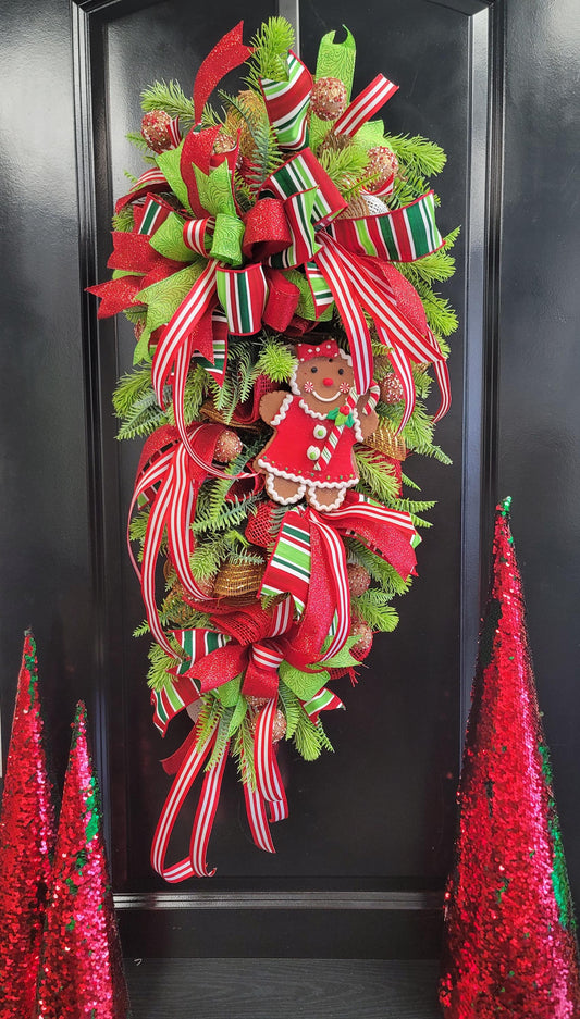 Whimsical Gingerbread Girl Christmas Swag – Red, Green & Candy Stripe Holiday Door Decor