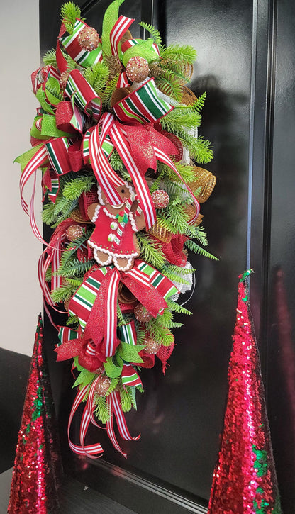 Whimsical Gingerbread Girl Christmas Swag – Red, Green & Candy Stripe Holiday Door Decor