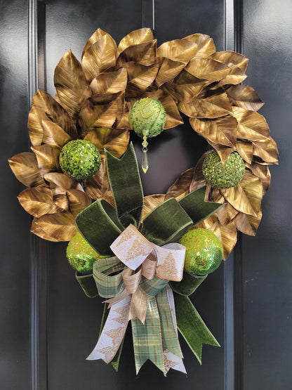 Elegant Gold Magnolia Leaf Wreath in Green and Matte Metallic Gold