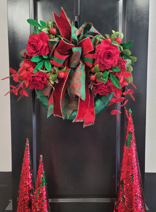 Elegant Red and Green Velvet Christmas Wreath – Satin Wrapped Base with Roses and Berries