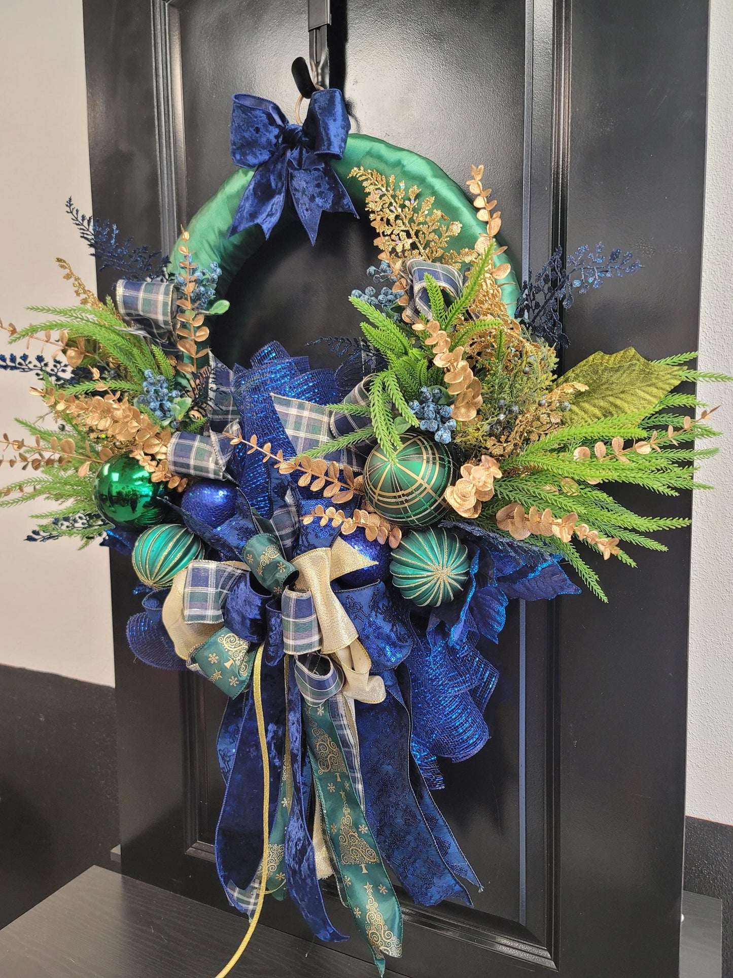 Modern Navy and Green Satin wrapped Christmas Wreath