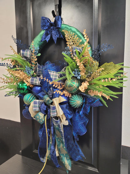 Modern Navy and Green Satin wrapped Christmas Wreath