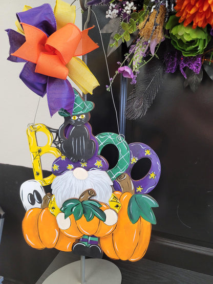 Halloween “Boo” Door Hanger – Gnome with Pumpkins, Ghost, and Cat Accent Bow