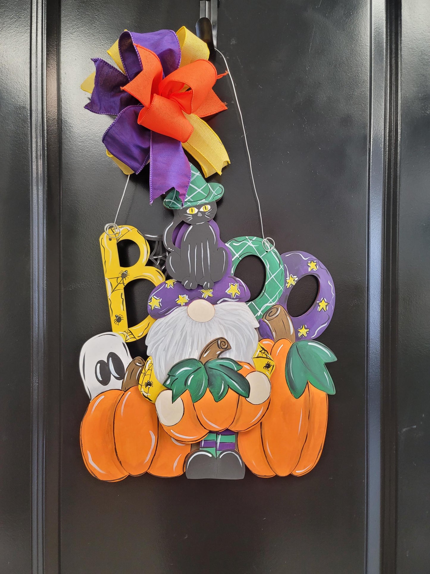 Halloween “Boo” Door Hanger – Gnome with Pumpkins, Ghost, and Cat Accent Bow