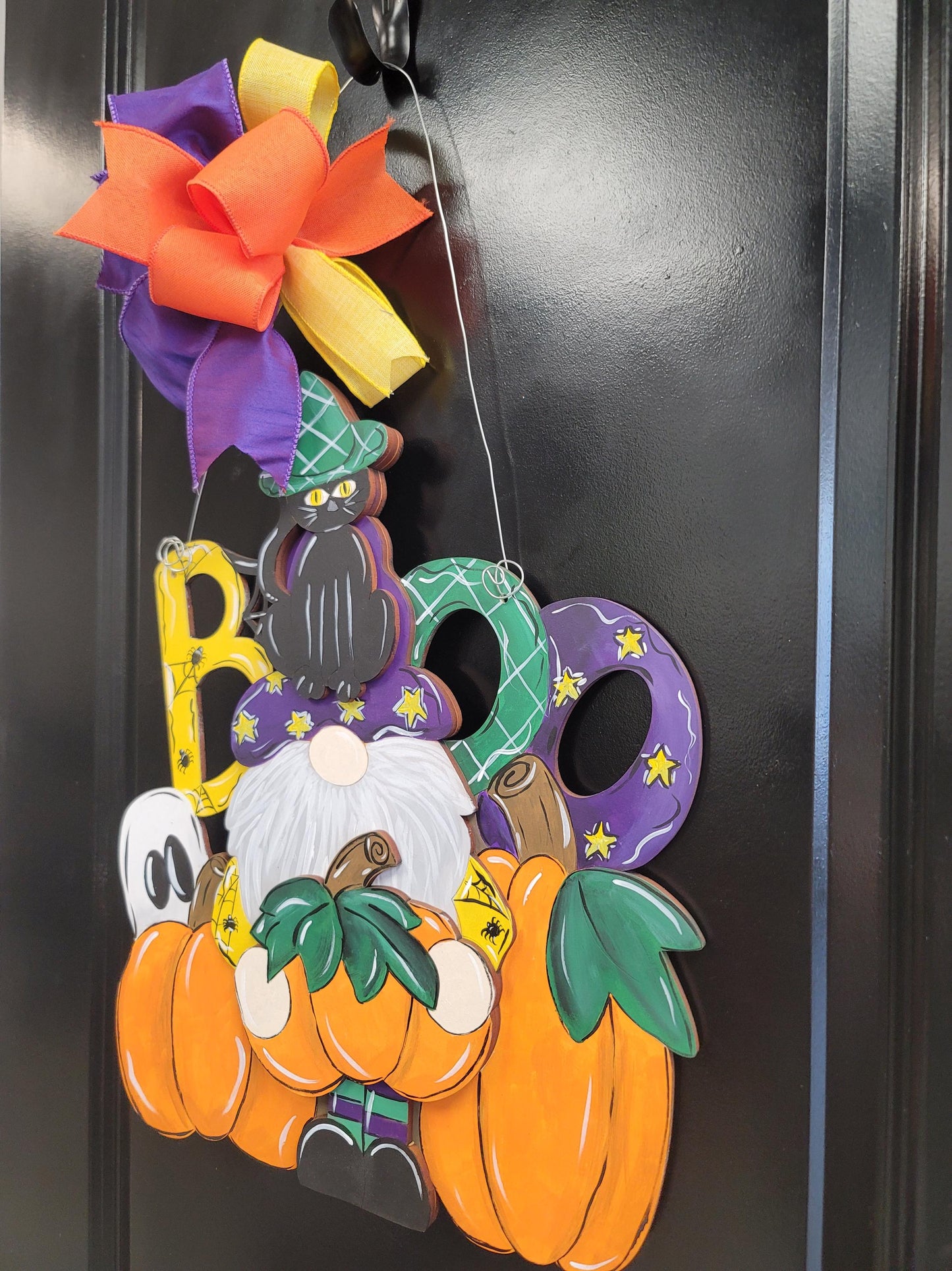 Halloween “Boo” Door Hanger – Gnome with Pumpkins, Ghost, and Cat Accent Bow