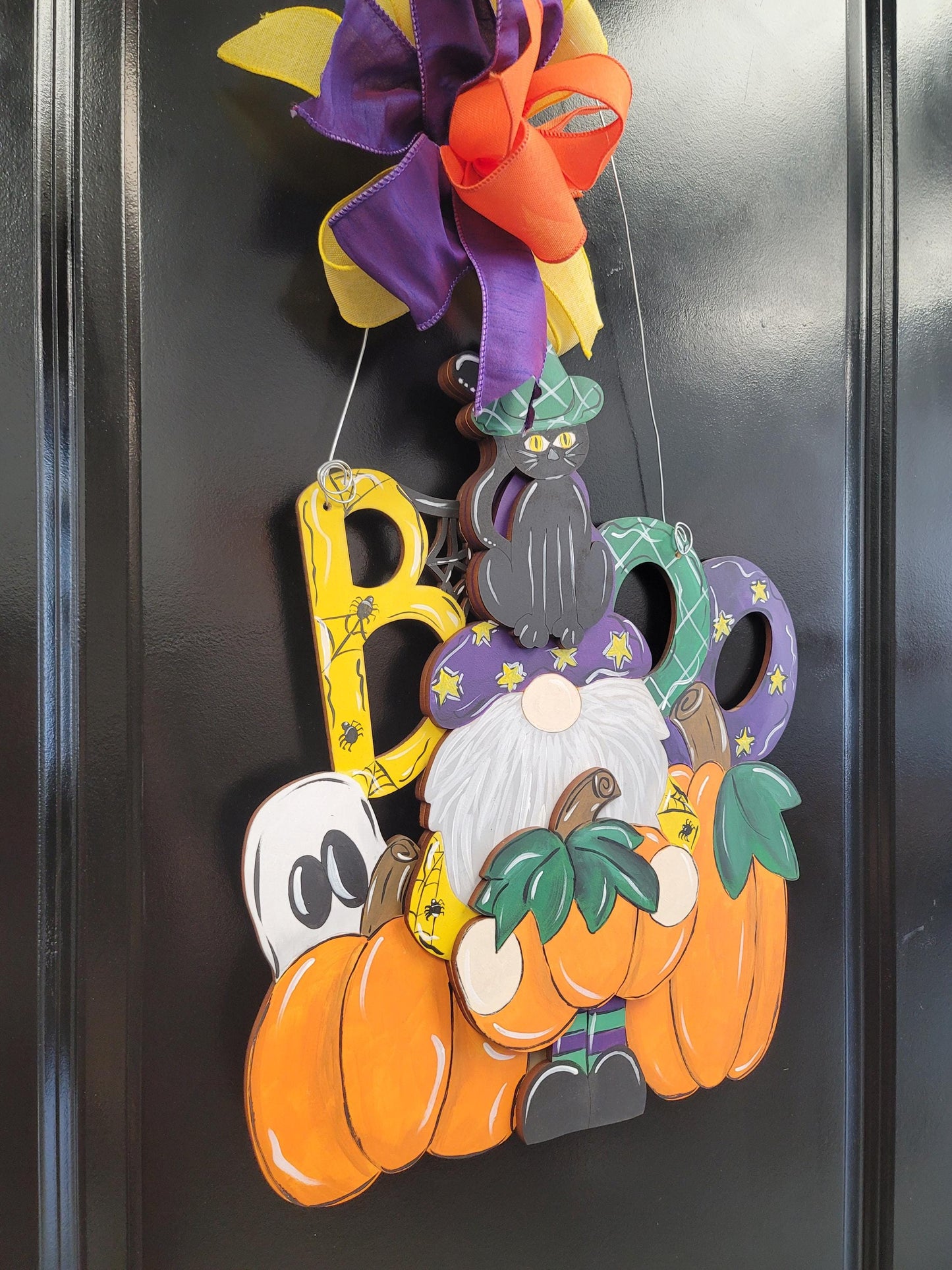 Halloween “Boo” Door Hanger – Gnome with Pumpkins, Ghost, and Cat Accent Bow