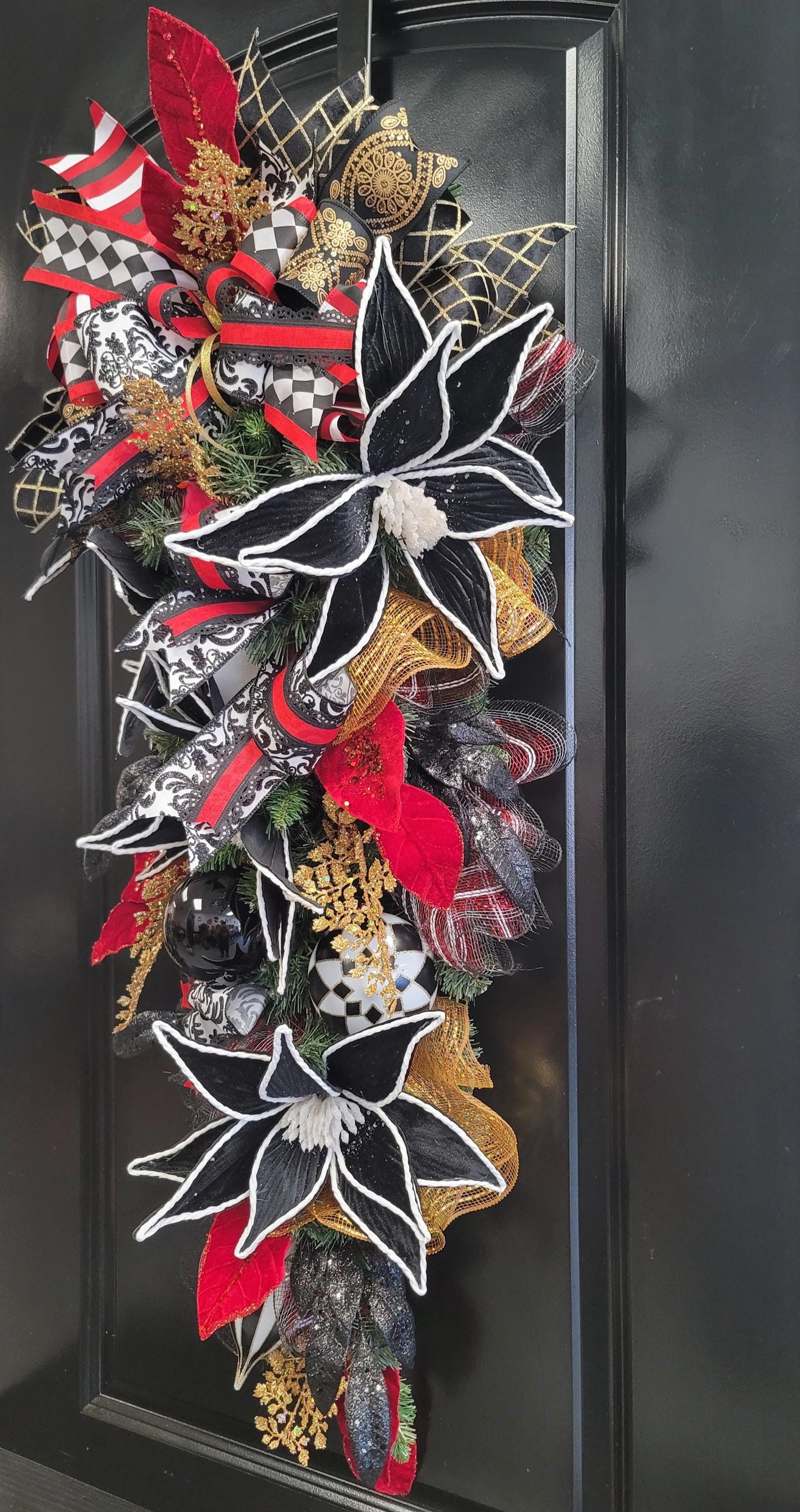 Elegant Christmas Swag – Black, Red & Gold Holiday Door Decor with Velvet Poinsettias