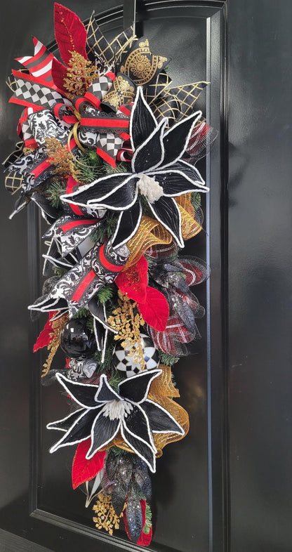Elegant Christmas Swag – Black, Red & Gold Holiday Door Decor with Velvet Poinsettias