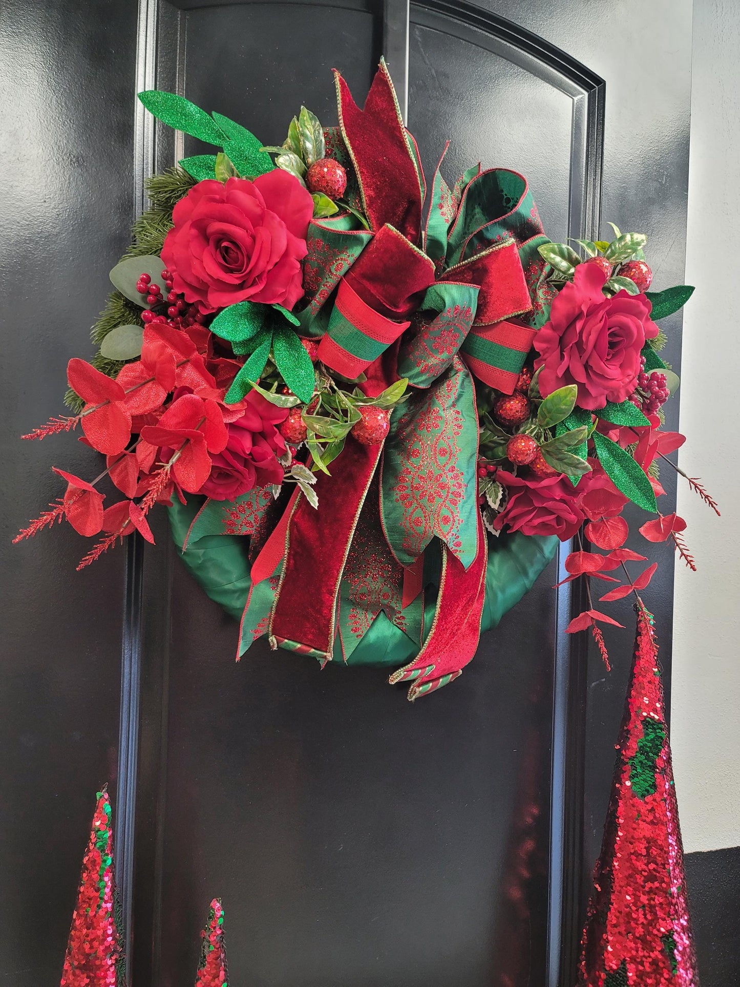 Elegant Red and Green Velvet Christmas Wreath – Satin Wrapped Base with Roses and Berries