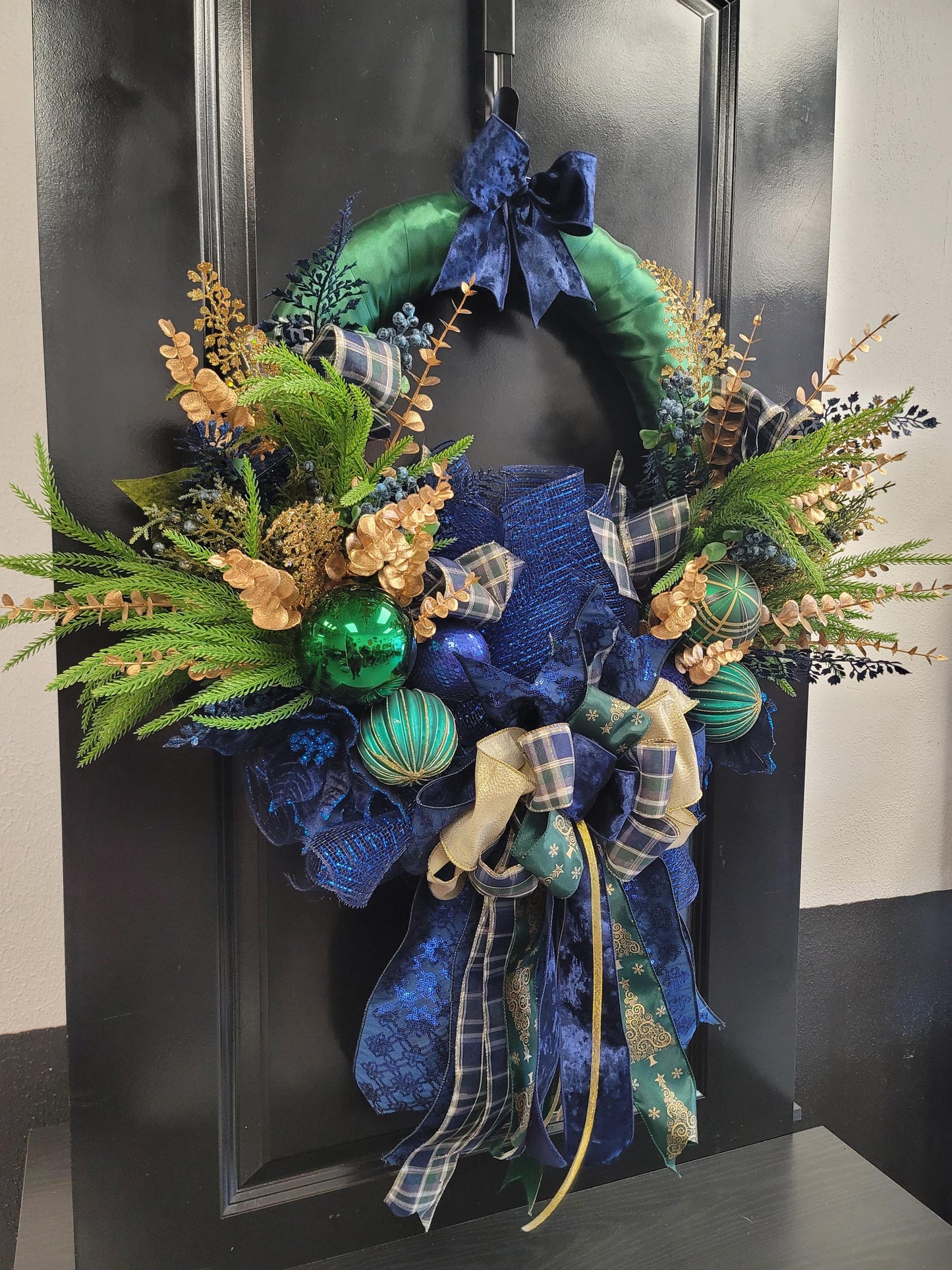 Modern Navy and Green Satin wrapped Christmas Wreath