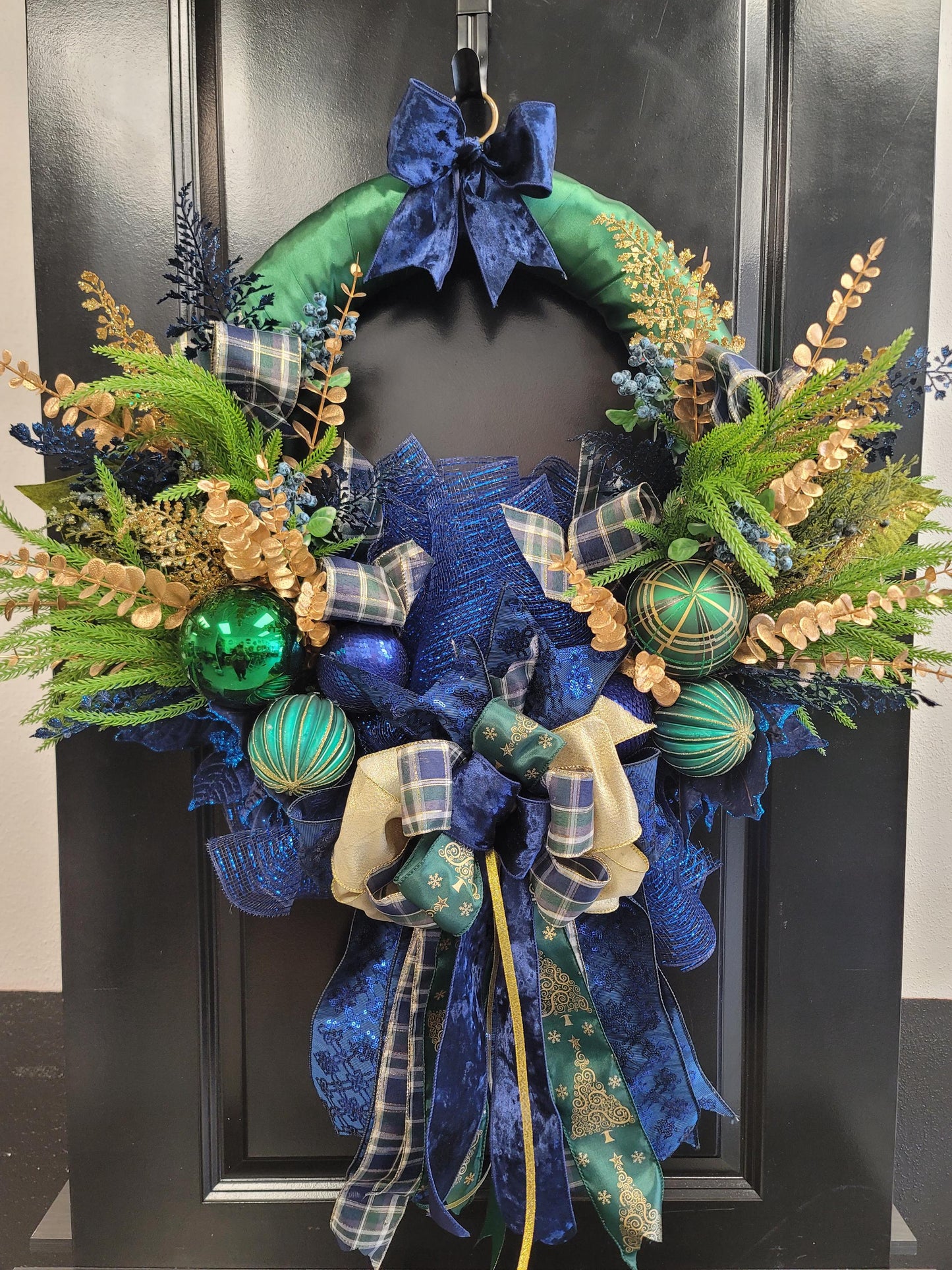 Modern Navy and Green Satin wrapped Christmas Wreath