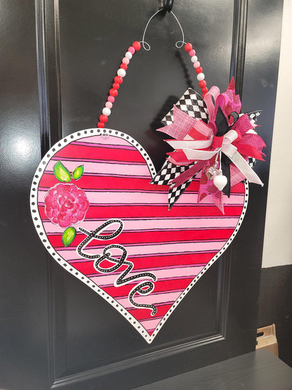 Shades of Pink Hand Painted Heart Door Hanger with Custom Bow