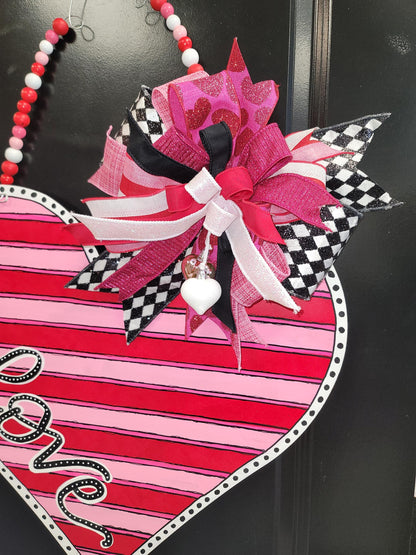 Shades of Pink Hand Painted Heart Door Hanger with Custom Bow
