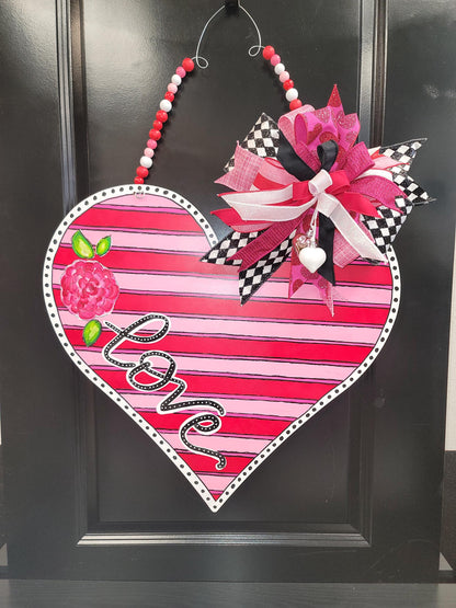 Shades of Pink Hand Painted Heart Door Hanger with Custom Bow
